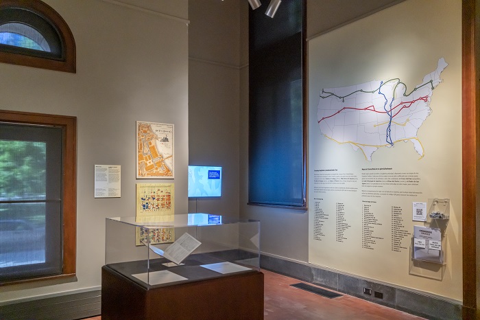 Crossings exhibition interior, Newberry Library, 2022