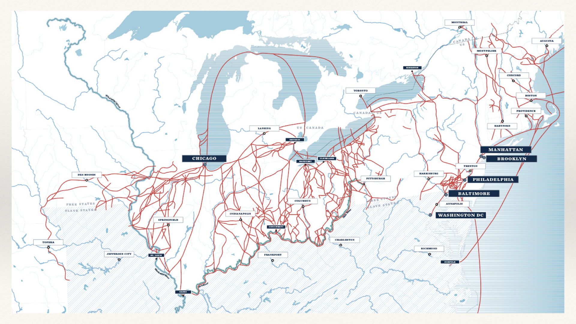 Full overlay of transportation infrastructure and Underground Railroad routes across the Midwest