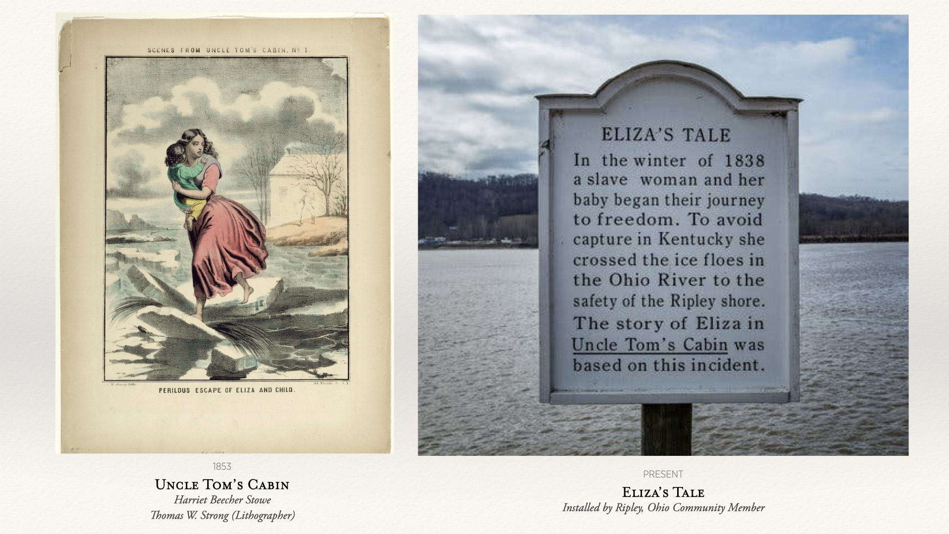 Uncle Tom's Cabin 1853 and Eliza's Tale sign